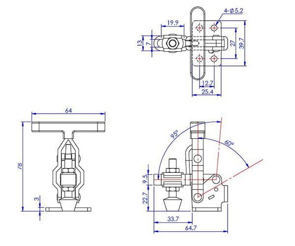 Vertikalus alkūninis spaustuvas horizontaliu pagrindu ir T formos rankena