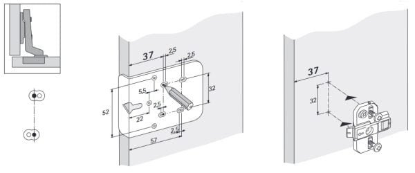 Šablonas baldų lankstų montavimo vietos žymėjimui - panaudojimo pavyzdys
