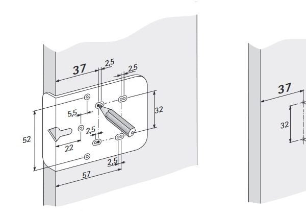 Šablonas baldų lankstų montavimo vietos žymėjimui - panaudojimo pavyzdys