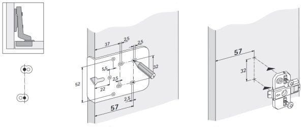 Šablonas baldų lankstų montavimo vietos žymėjimui - panaudojimo pavyzdys