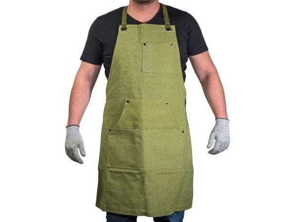 Reguliuojamo dydžio darbinė prijuostė iš žalios drobės Reguliuojamo dydžio darbinė prijuostė iš žalios drobės