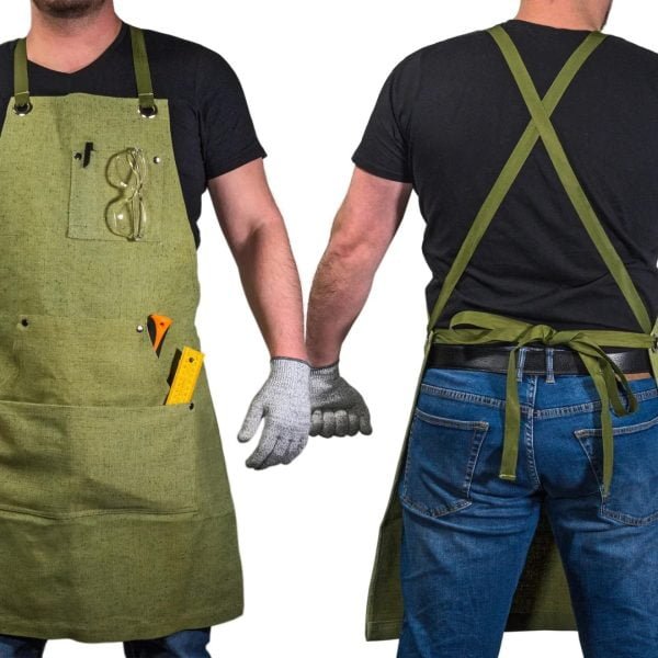 Reguliuojamo dydžio darbinė prijuostė iš žalios drobės