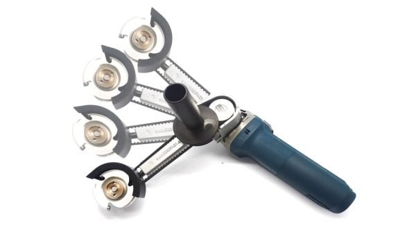 Drožybos priedas Manpa Tools Belt Cutter Attachment sumontuotas ant kampinio šlifuoklio